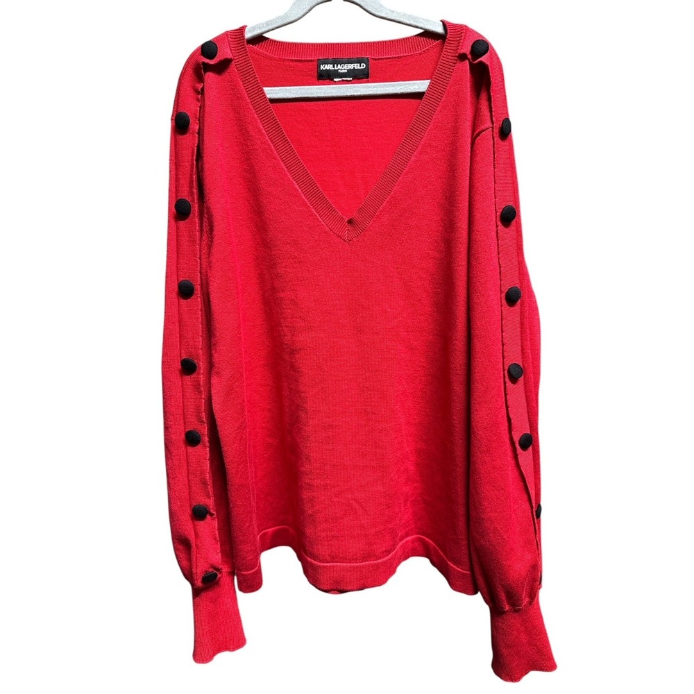 Karl Lagerfeld Paris  Wmn Red Black Button Sleeve V-Neck Cozy Chic Lux Sweater L